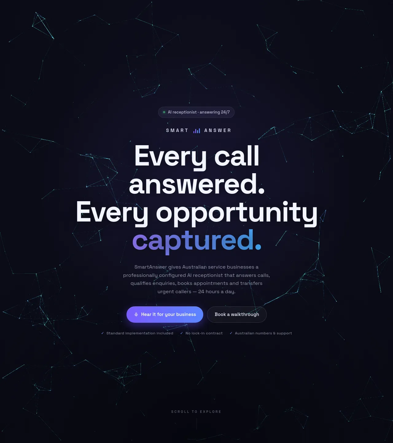 SmartAnswer — AI receptionist for Australian service businesses, showing the landing page and call handling.